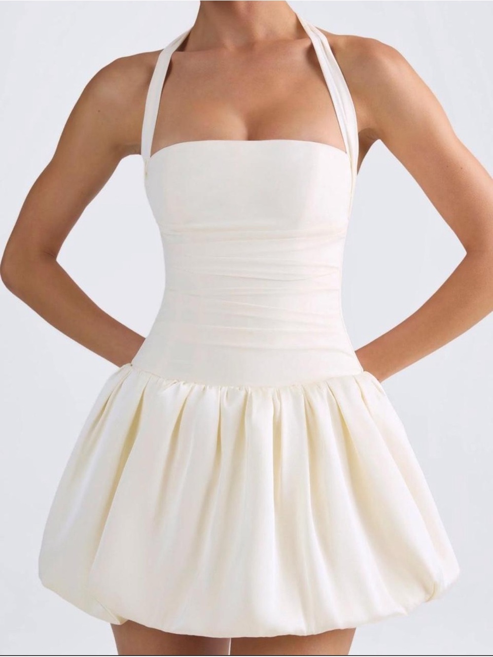 Oh Polly Cream Corset Back Bubble Halter Dress